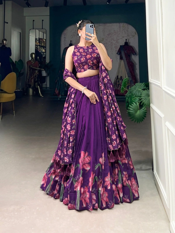 Azorte Fashion Jaipur Festive Wear: Elegant Tussar Silk Lehenga with Gold Foil Floral Print & Tassel  - PRL, Stitched, Unstitched