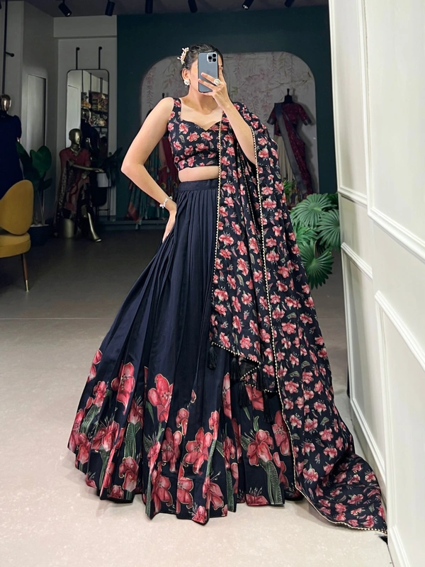 Azorte Fashion Jaipur Festive Wear: Elegant Tussar Silk Lehenga with Gold Foil Floral Print & Tassel  - BLK, Stitched, Unstitched