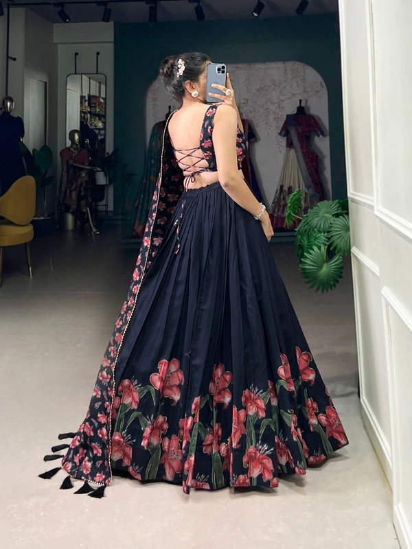 Azorte Fashion Jaipur Festive Wear: Elegant Tussar Silk Lehenga with Gold Foil Floral Print & Tassel  - BLK, Stitched, Unstitched