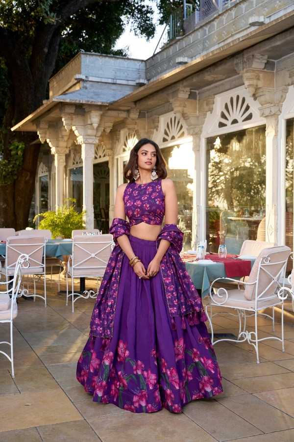 Azorte Fashion Festive Style: Tussar Silk Lehenga with Gold Foil Floral Print & Tassels - PRL, Stitched, Unstitched