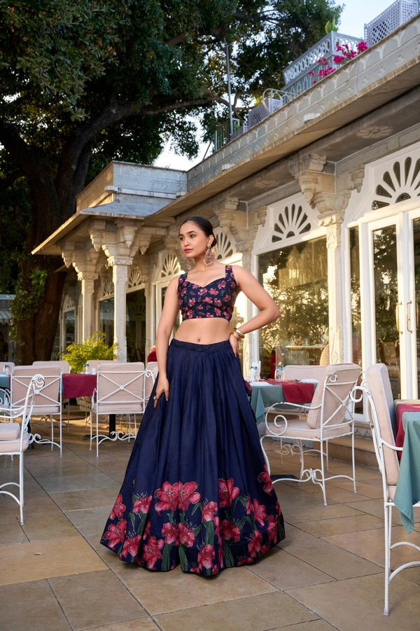Azorte Fashion Festive Style: Tussar Silk Lehenga with Gold Foil Floral Print & Tassels - NBL, Stitched, Unstitched