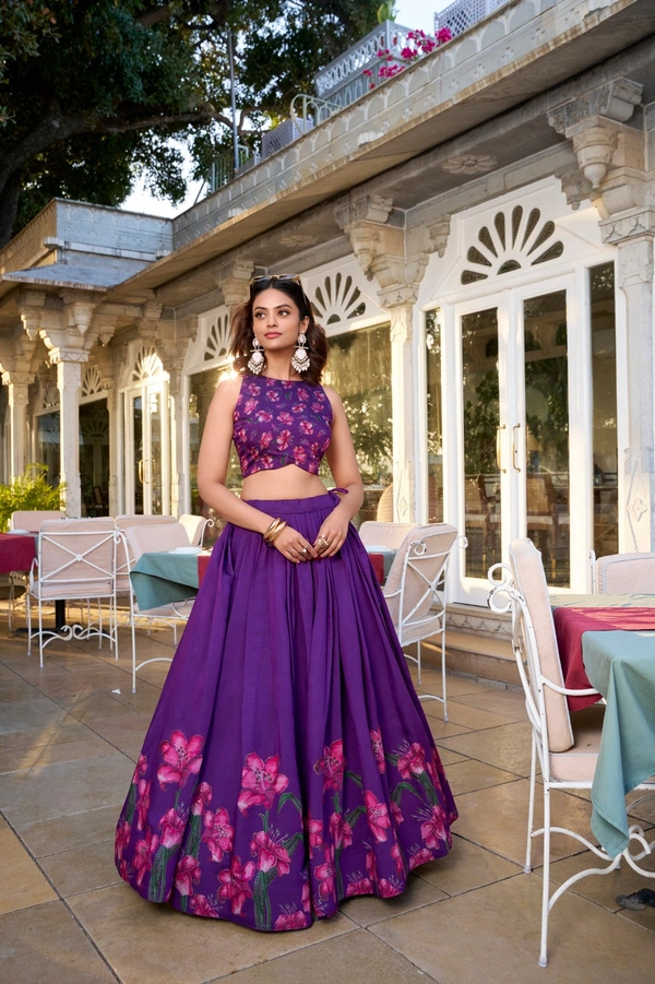 Azorte Fashion Festive Style: Tussar Silk Lehenga with Gold Foil Floral Print & Tassels - PRL, Stitched, Unstitched