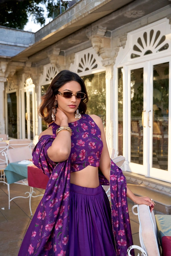 Azorte Fashion Festive Style: Tussar Silk Lehenga with Gold Foil Floral Print & Tassels - PRL, Stitched, Unstitched