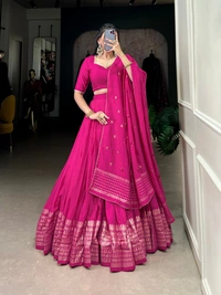 Azorte Fashion Chanderi Lehenga: Plain body, zari border. Sequin dupatta with lace. Elegant, lightweight festive wear - PNK, Stitched, Unstitched