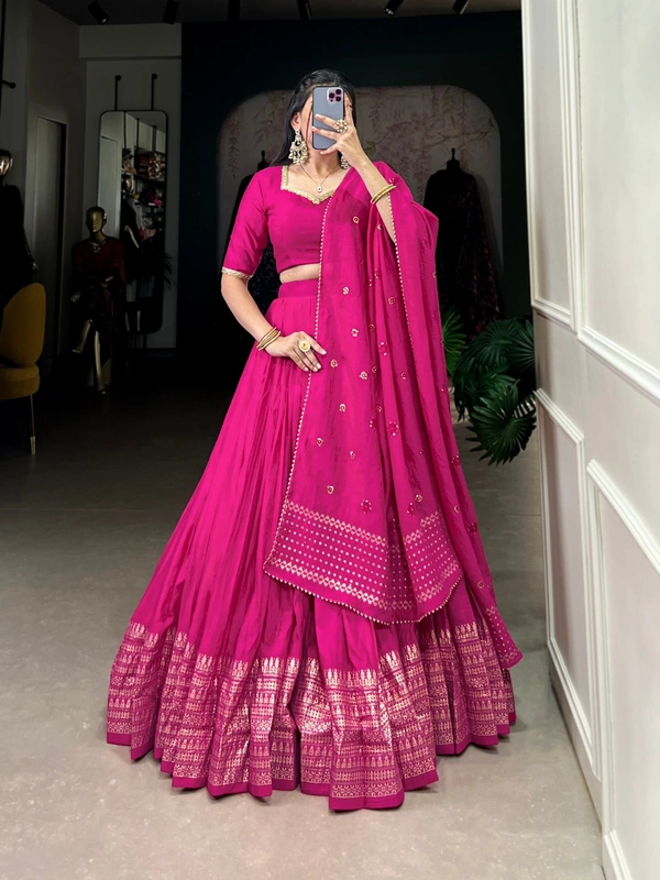 Azorte Fashion Chanderi Lehenga: Plain body, zari border. Sequin dupatta with lace. Elegant, lightweight festive wear - PNK, Stitched, Unstitched