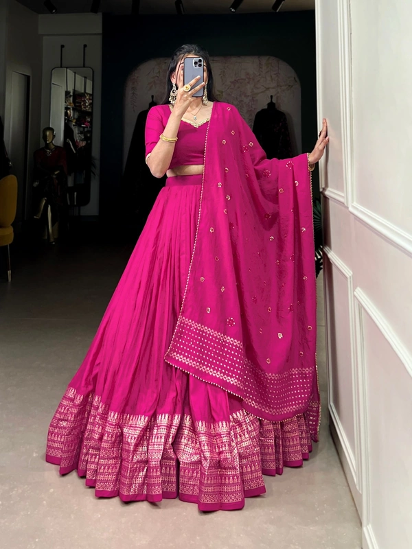 Azorte Fashion Chanderi Lehenga: Plain body, zari border. Sequin dupatta with lace. Elegant, lightweight festive wear - PNK, Stitched, Unstitched