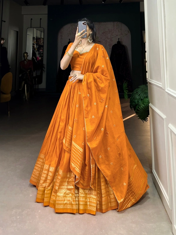 Azorte Fashion Chanderi Lehenga: Plain body, zari border. Sequin dupatta with lace. Elegant, lightweight festive wear - ORG, Stitched, Unstitched