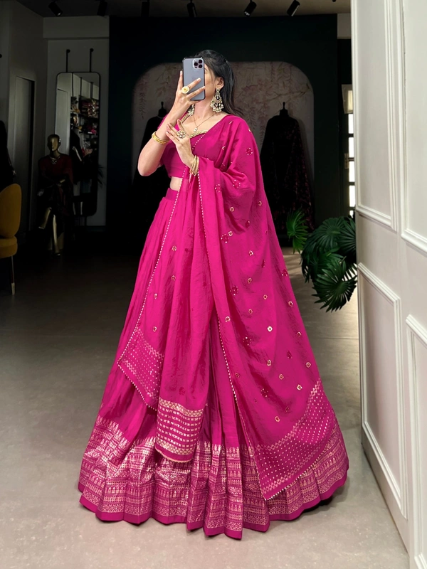 Azorte Fashion Chanderi Lehenga: Plain body, zari border. Sequin dupatta with lace. Elegant, lightweight festive wear - PNK, Stitched, Unstitched