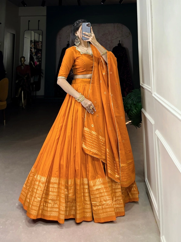 Azorte Fashion Chanderi Lehenga: Plain body, zari border. Sequin dupatta with lace. Elegant, lightweight festive wear - ORG, Stitched, Unstitched