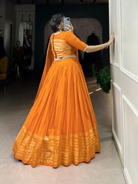 Azorte Fashion Chanderi Lehenga: Plain body, zari border. Sequin dupatta with lace. Elegant, lightweight festive wear - ORG, Stitched, Unstitched