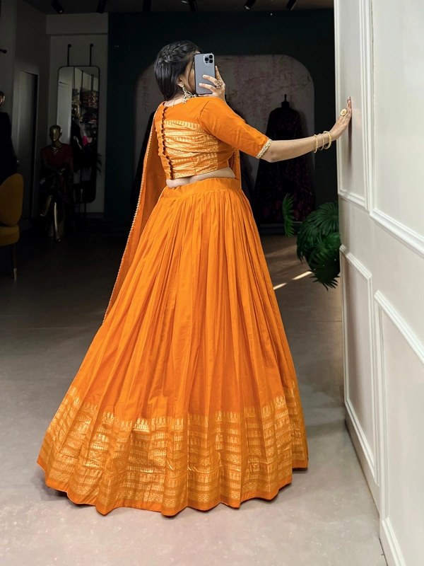 Azorte Fashion Chanderi Lehenga: Plain body, zari border. Sequin dupatta with lace. Elegant, lightweight festive wear - ORG, Stitched, Unstitched