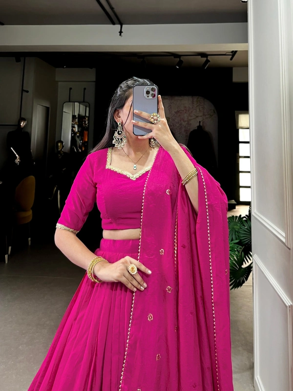 Azorte Fashion Chanderi Lehenga: Plain body, zari border. Sequin dupatta with lace. Elegant, lightweight festive wear - PNK, Stitched, Unstitched