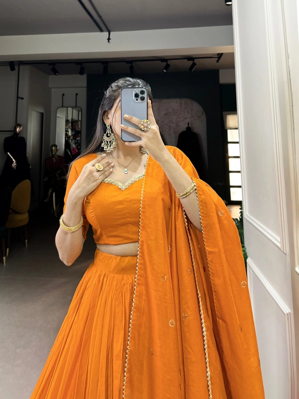 Azorte Fashion Chanderi Lehenga: Plain body, zari border. Sequin dupatta with lace. Elegant, lightweight festive wear - ORG, Stitched, Unstitched