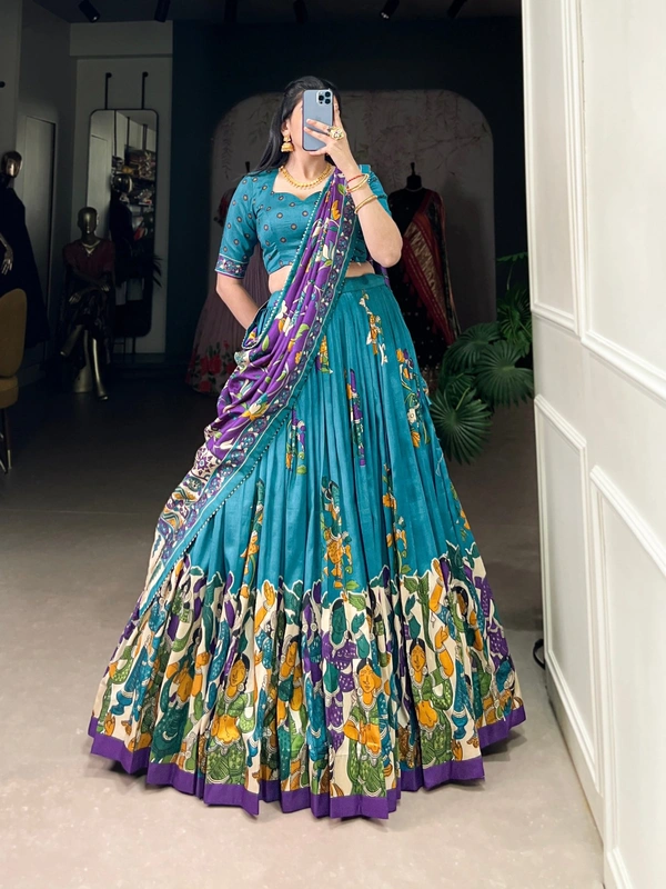 Azorte Fashion Advanced SEO Title:  Surat Kalamkari Tussar Silk Lehenga with Foil & Gotta Patti - Stitched Lehenga, Printed Blouse, Tassel Dupatta for Festive Occasions - FRZ, Stitched, Unstitched