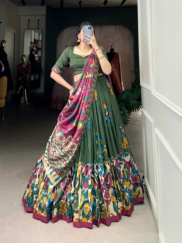 Azorte Fashion Advanced SEO Title:  Surat Kalamkari Tussar Silk Lehenga with Foil & Gotta Patti - Stitched Lehenga, Printed Blouse, Tassel Dupatta for Festive Occasions - MND, Stitched, Unstitched