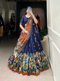 Azorte Fashion Advanced SEO Title:  Surat Kalamkari Tussar Silk Lehenga with Foil & Gotta Patti - Stitched Lehenga, Printed Blouse, Tassel Dupatta for Festive Occasions - NBL, Stitched, Unstitched