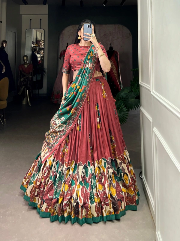 Azorte Fashion Advanced SEO Title:  Surat Kalamkari Tussar Silk Lehenga with Foil & Gotta Patti - Stitched Lehenga, Printed Blouse, Tassel Dupatta for Festive Occasions - SLM, Stitched, Unstitched