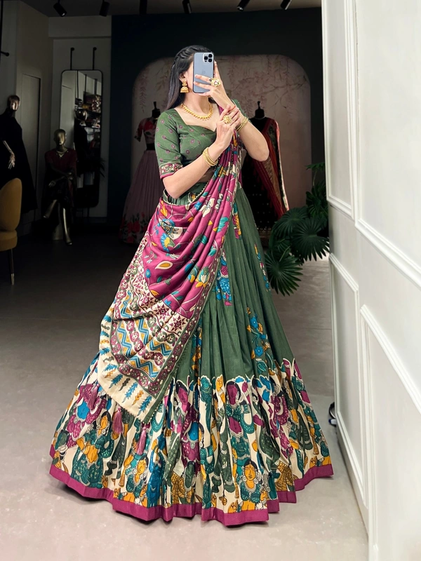 Azorte Fashion Advanced SEO Title:  Surat Kalamkari Tussar Silk Lehenga with Foil & Gotta Patti - Stitched Lehenga, Printed Blouse, Tassel Dupatta for Festive Occasions - MND, Stitched, Unstitched