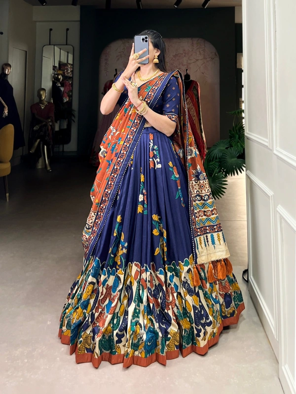 Azorte Fashion Advanced SEO Title:  Surat Kalamkari Tussar Silk Lehenga with Foil & Gotta Patti - Stitched Lehenga, Printed Blouse, Tassel Dupatta for Festive Occasions - NBL, Stitched, Unstitched