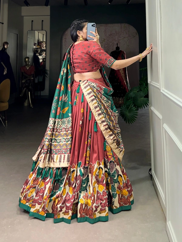 Azorte Fashion Advanced SEO Title:  Surat Kalamkari Tussar Silk Lehenga with Foil & Gotta Patti - Stitched Lehenga, Printed Blouse, Tassel Dupatta for Festive Occasions - SLM, Stitched, Unstitched