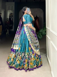 Azorte Fashion Advanced SEO Title:  Surat Kalamkari Tussar Silk Lehenga with Foil & Gotta Patti - Stitched Lehenga, Printed Blouse, Tassel Dupatta for Festive Occasions - FRZ, Stitched, Unstitched