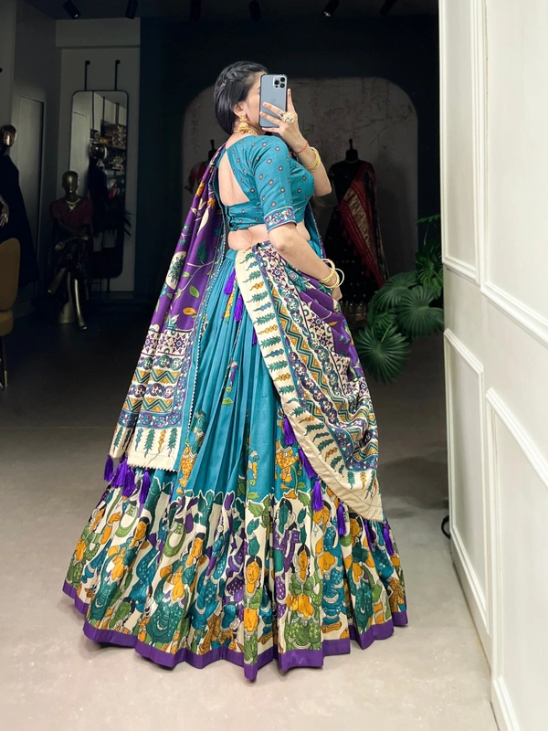 Azorte Fashion Advanced SEO Title:  Surat Kalamkari Tussar Silk Lehenga with Foil & Gotta Patti - Stitched Lehenga, Printed Blouse, Tassel Dupatta for Festive Occasions - FRZ, Stitched, Unstitched