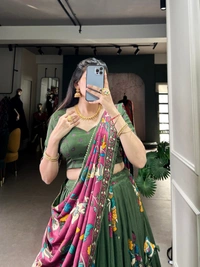 Azorte Fashion Advanced SEO Title:  Surat Kalamkari Tussar Silk Lehenga with Foil & Gotta Patti - Stitched Lehenga, Printed Blouse, Tassel Dupatta for Festive Occasions - MND, Stitched, Unstitched