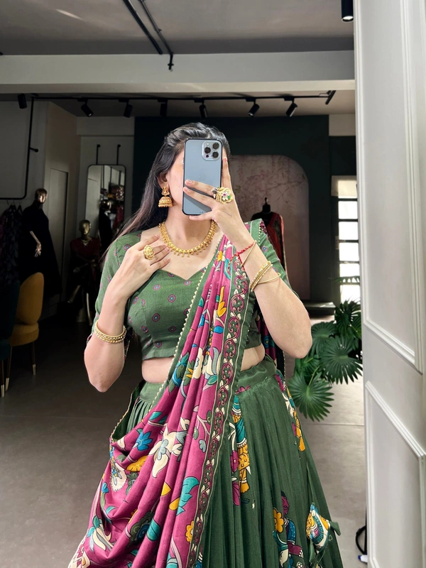 Azorte Fashion Advanced SEO Title:  Surat Kalamkari Tussar Silk Lehenga with Foil & Gotta Patti - Stitched Lehenga, Printed Blouse, Tassel Dupatta for Festive Occasions - MND, Stitched, Unstitched
