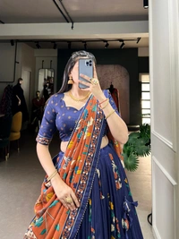 Azorte Fashion Advanced SEO Title:  Surat Kalamkari Tussar Silk Lehenga with Foil & Gotta Patti - Stitched Lehenga, Printed Blouse, Tassel Dupatta for Festive Occasions - NBL, Stitched, Unstitched