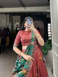 Azorte Fashion Advanced SEO Title:  Surat Kalamkari Tussar Silk Lehenga with Foil & Gotta Patti - Stitched Lehenga, Printed Blouse, Tassel Dupatta for Festive Occasions - SLM, Stitched, Unstitched