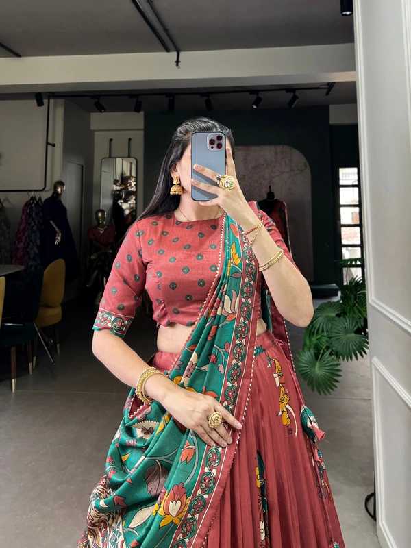 Azorte Fashion Advanced SEO Title:  Surat Kalamkari Tussar Silk Lehenga with Foil & Gotta Patti - Stitched Lehenga, Printed Blouse, Tassel Dupatta for Festive Occasions - SLM, Stitched, Unstitched