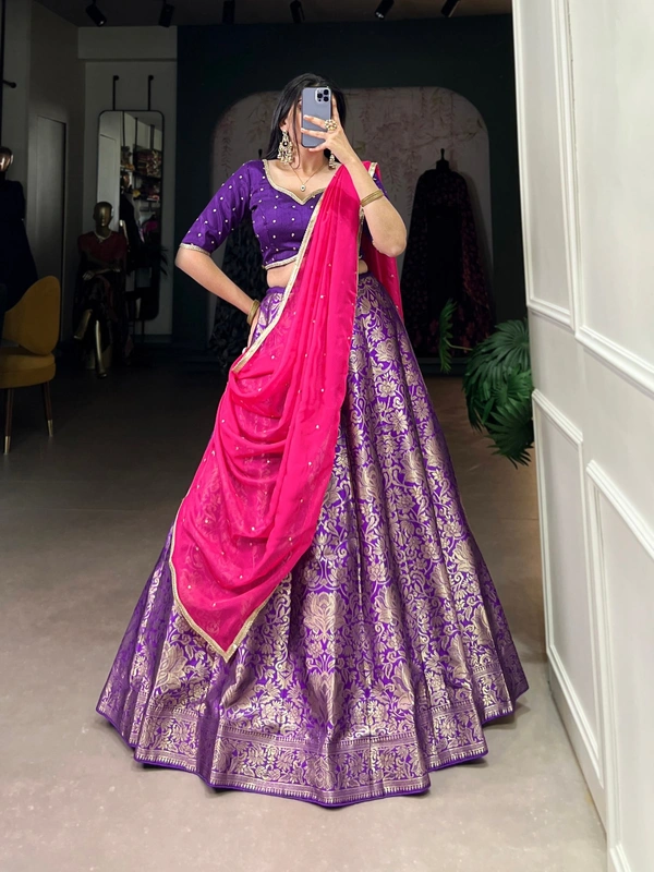 Azorte Fashion acquard Silk Lehenga: Zari weave, semi-stitched. Sequin blouse & organza dupatta. Royal festive look. - PRL, Semi-Stitched, Unstitched
