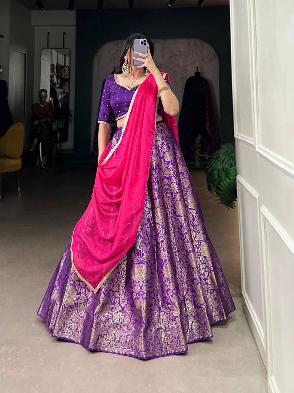 Azorte Fashion acquard Silk Lehenga: Zari weave, semi-stitched. Sequin blouse & organza dupatta. Royal festive look. - PRL, Semi-Stitched, Unstitched