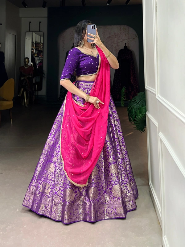 Azorte Fashion acquard Silk Lehenga: Zari weave, semi-stitched. Sequin blouse & organza dupatta. Royal festive look. - PRL, Semi-Stitched, Unstitched