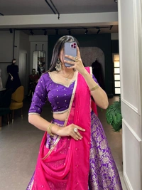 Azorte Fashion acquard Silk Lehenga: Zari weave, semi-stitched. Sequin blouse & organza dupatta. Royal festive look. - PRL, Semi-Stitched, Unstitched