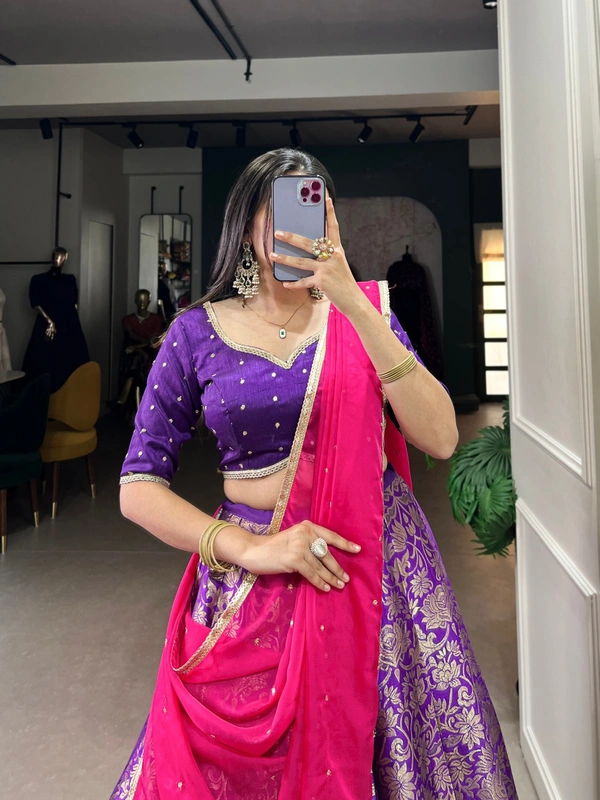 Azorte Fashion acquard Silk Lehenga: Zari weave, semi-stitched. Sequin blouse & organza dupatta. Royal festive look. - PRL, Semi-Stitched, Unstitched