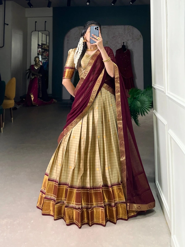 Azorte Fashion Cotton Silk Paithani Weaving Lehenga - Stitched, Zari Border Dupatta, Perfect for Traditional Celebrations - CHK, Stitched, Unstitched