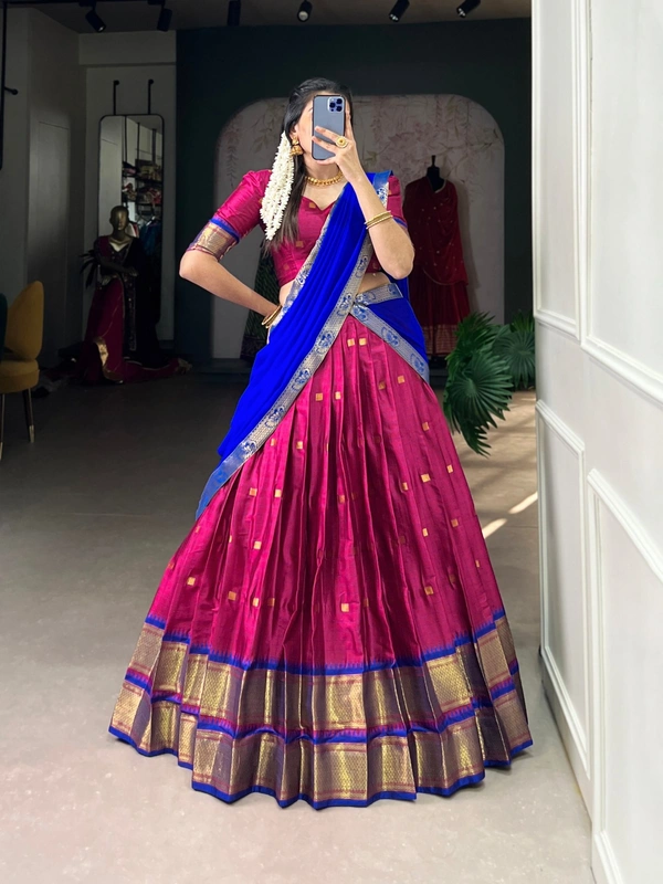 Azorte Fashion Cotton Silk Paithani Weaving Lehenga - Stitched, Zari Border Dupatta, Perfect for Traditional Celebrations - PNK, Stitched, Unstitched