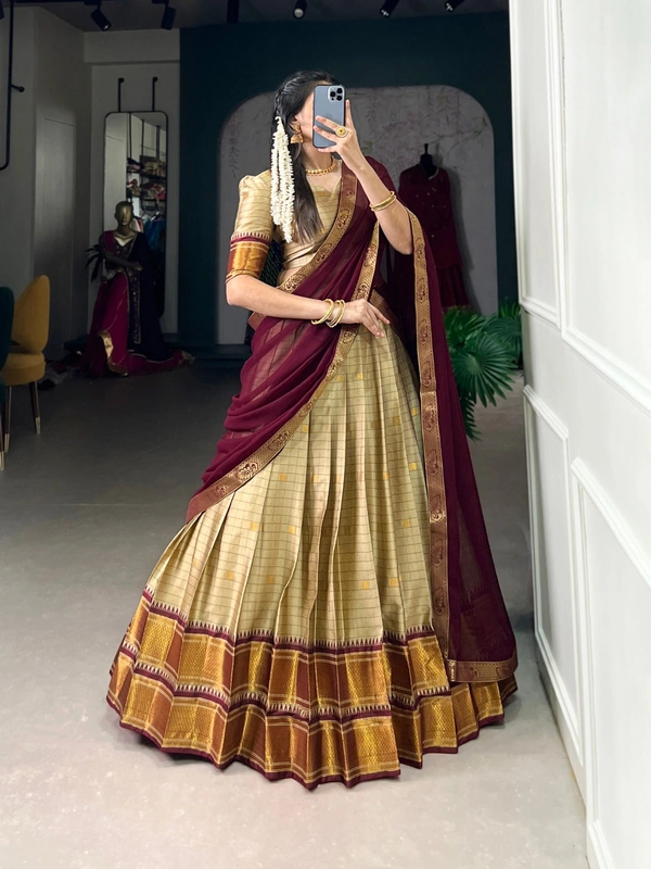 Azorte Fashion Cotton Silk Paithani Weaving Lehenga - Stitched, Zari Border Dupatta, Perfect for Traditional Celebrations - CHK, Stitched, Unstitched