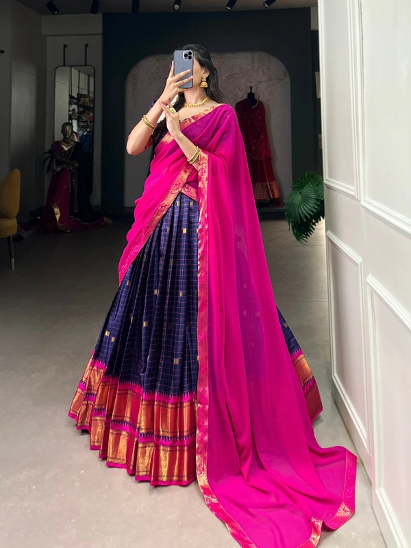 Azorte Fashion Cotton Silk Paithani Weaving Lehenga - Stitched, Zari Border Dupatta, Perfect for Traditional Celebrations - NBL, Stitched, Unstitched