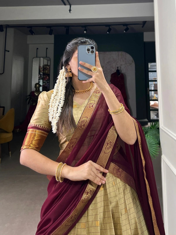 Azorte Fashion Cotton Silk Paithani Weaving Lehenga - Stitched, Zari Border Dupatta, Perfect for Traditional Celebrations - CHK, Stitched, Unstitched