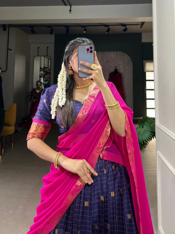 Azorte Fashion Cotton Silk Paithani Weaving Lehenga - Stitched, Zari Border Dupatta, Perfect for Traditional Celebrations - NBL, Stitched, Unstitched