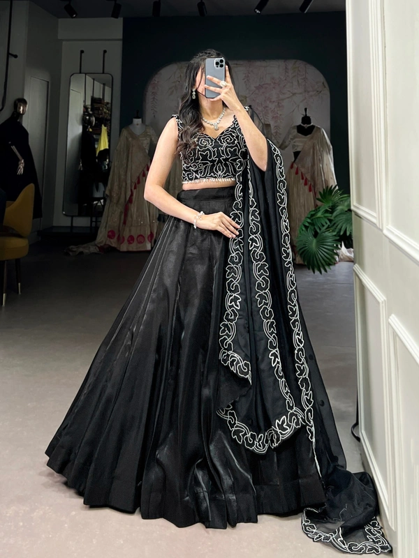 Azorte Fashion Black Star Satin Lehenga - Plain Skirt, Pearl & Sequin Blouse & Dupatta, Stitched with Flair for Evening Events - Black, Stitched, Unstitched