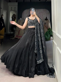 Azorte Fashion Black Star Satin Lehenga - Plain Skirt, Pearl & Sequin Blouse & Dupatta, Stitched with Flair for Evening Events - Black, Stitched, Unstitched