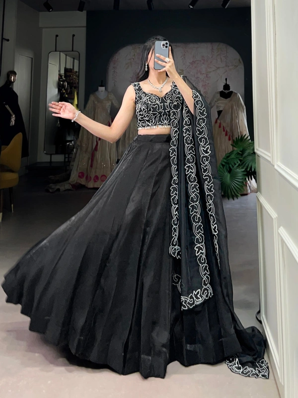 Azorte Fashion Black Star Satin Lehenga - Plain Skirt, Pearl & Sequin Blouse & Dupatta, Stitched with Flair for Evening Events - Black, Stitched, Unstitched