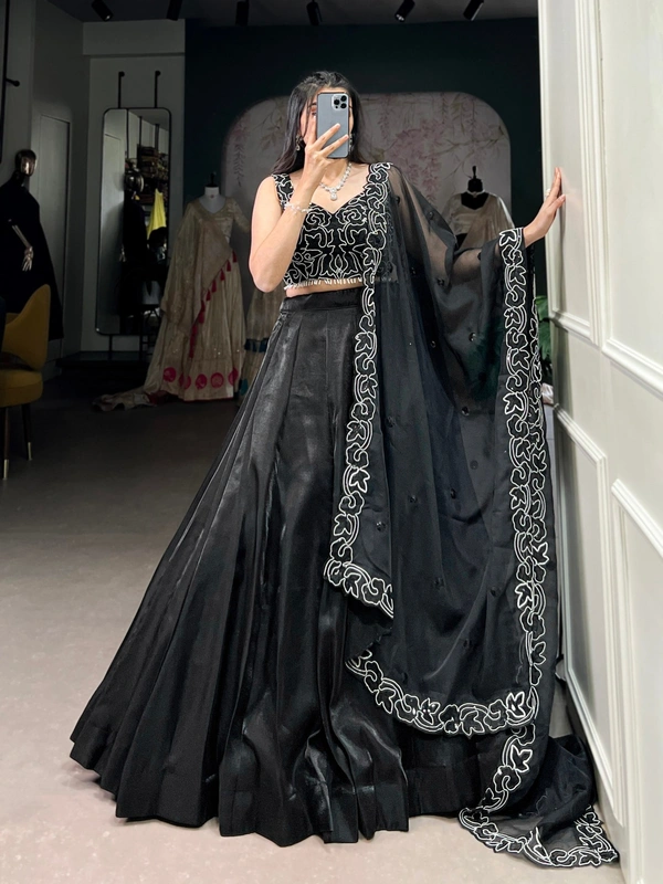 Azorte Fashion Black Star Satin Lehenga - Plain Skirt, Pearl & Sequin Blouse & Dupatta, Stitched with Flair for Evening Events - Black, Stitched, Unstitched