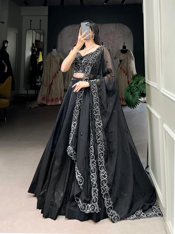 Azorte Fashion Black Star Satin Lehenga - Plain Skirt, Pearl & Sequin Blouse & Dupatta, Stitched with Flair for Evening Events - Black, Stitched, Unstitched