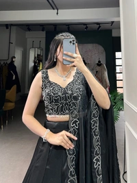 Azorte Fashion Black Star Satin Lehenga - Plain Skirt, Pearl & Sequin Blouse & Dupatta, Stitched with Flair for Evening Events - Black, Stitched, Unstitched