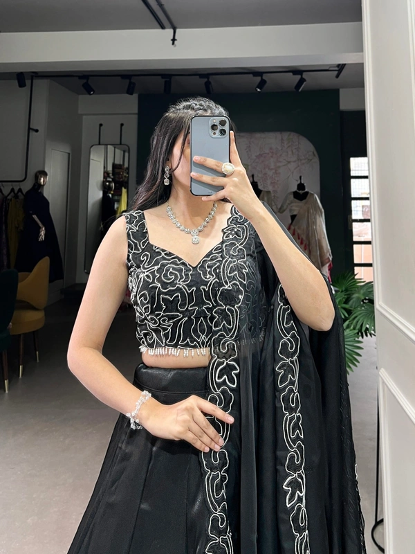 Azorte Fashion Black Star Satin Lehenga - Plain Skirt, Pearl & Sequin Blouse & Dupatta, Stitched with Flair for Evening Events - Black, Stitched, Unstitched
