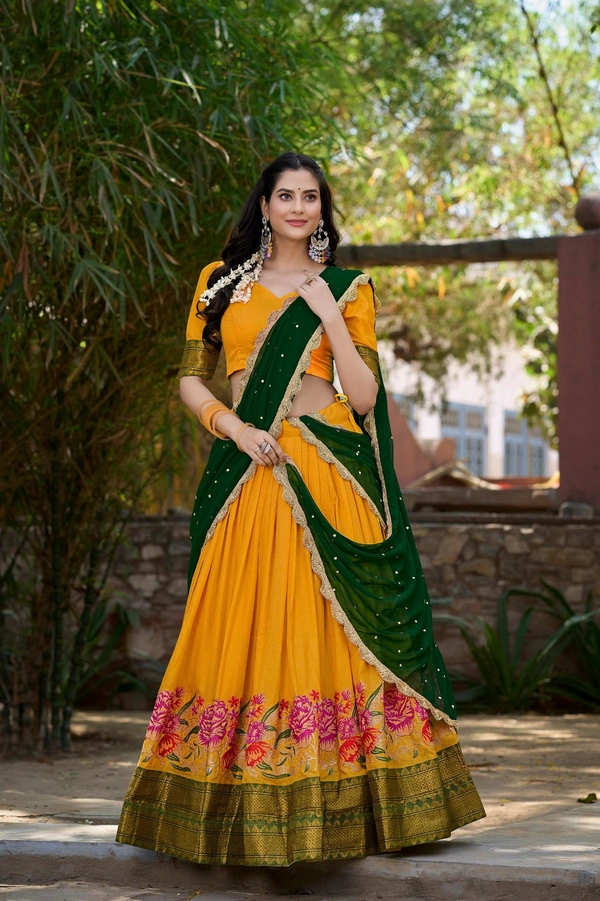 Azorte Fashion Cotton Silk Thread Embroidered Lehenga with Zari Blouse & Sequin Georgette Dupatta - Stitched Festive Outfit for Women - LUV, Stitched, Unstitched